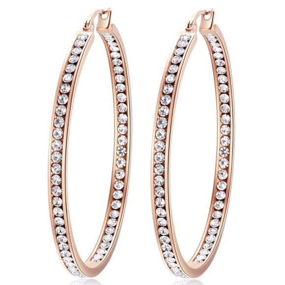 14K Rose Gold with White Diamond Cubic Zirconia Big Hoop Latch Back Earrings - Picture 1 of 6